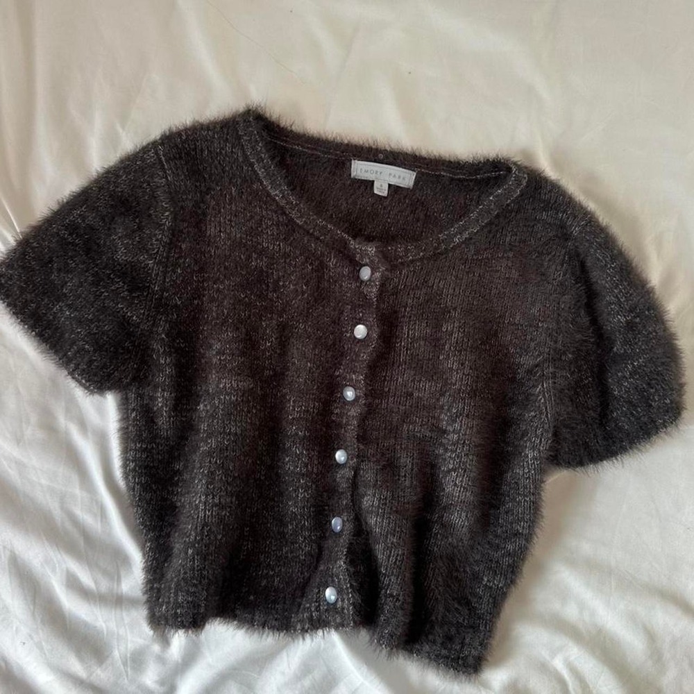 Emory Park Fuzzy Cropped Cardigan Charcoal grey Knit